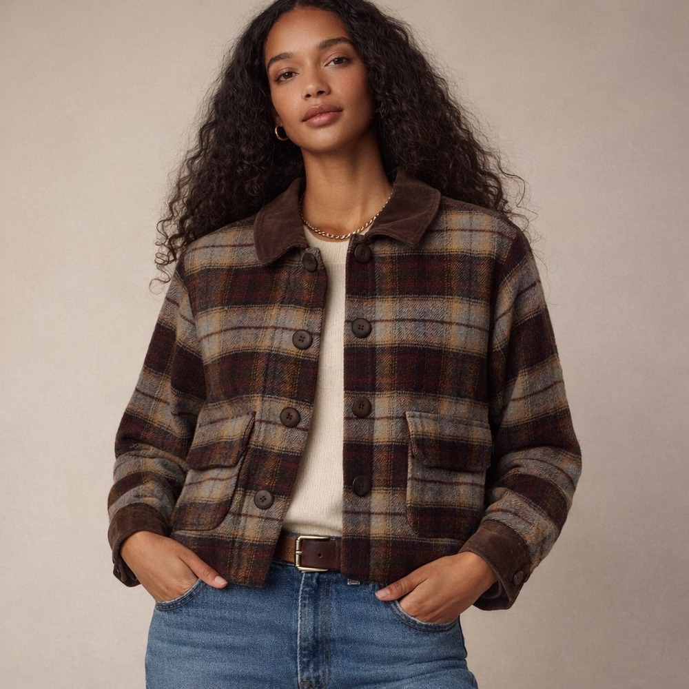 New York Style Plaid Jacket‎ Womens M Brown Suede Collar Button Front Cropped